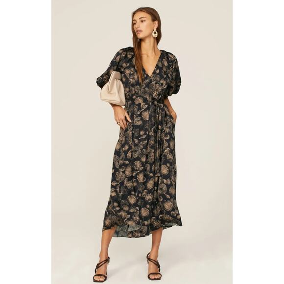 Co Puff Sleeve Black Printed Viscose Dress - Picture 1 of 11
